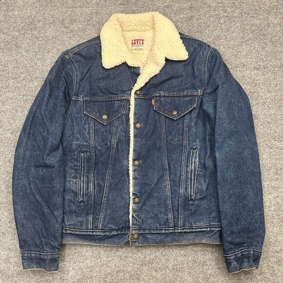 Levis Denim Trucker Jacket Sherpa Lined 42L Made in USA Vintage 70s Coat